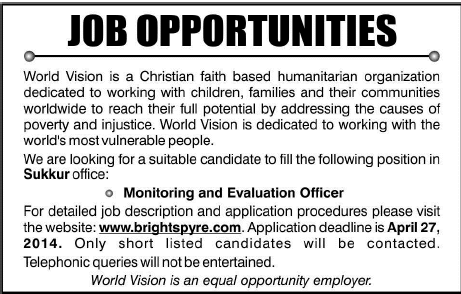 World Vision Jobs in Sukkur Pakistan 2014 April