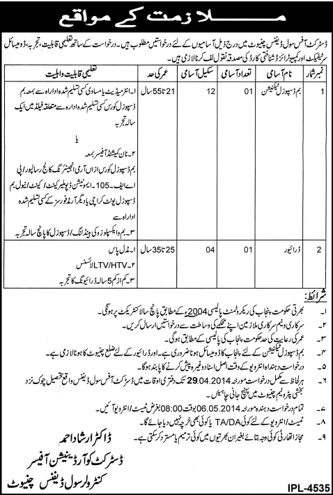 District Office Civil Defense Chiniot Jobs 2014 April for Bomb Disposal Technician & Driver