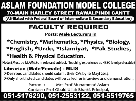 Librarian & Lecturer Jobs in Rawalpindi 2014 April for Aslam Foundation Model College