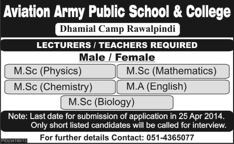 Lecturers / Teaching Jobs in Rawalpindi 2014 April at Aviation Army Public School & College