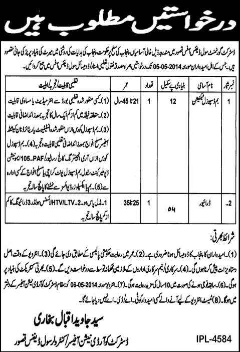 Bomb Disposal Technician & Driver Jobs in Kasur 2014 April District Government Civil Defense Office