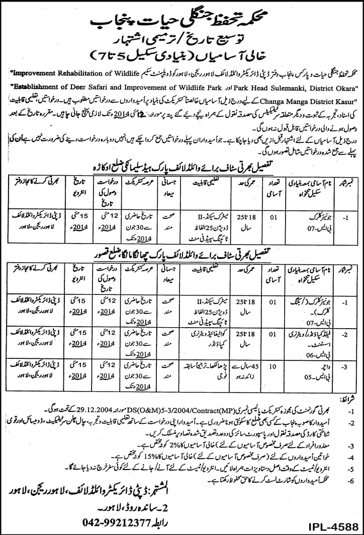 Punjab Wildlife Department Jobs 2014 April for Wildlife Parks