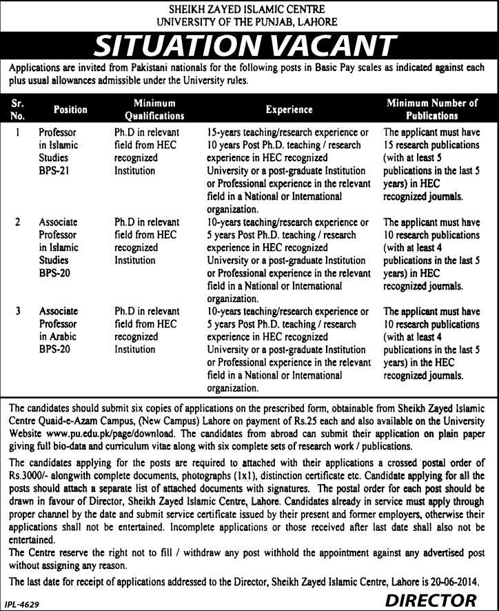 Sheikh Zayed Islamic Centre PU Lahore Jobs 2014 April for Teaching Faculty of Islamic Studies & Arabic