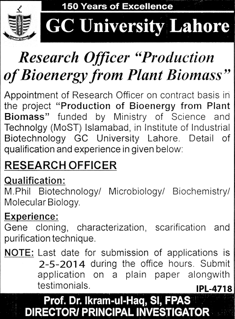GC University Lahore Jobs 2014 April for Research Officer - Production of Bioenergy from Plant Biomass