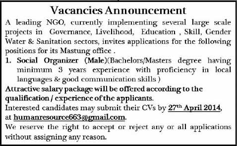 Social Organizer Jobs in Mastung Balochistan 2014 April for NGO