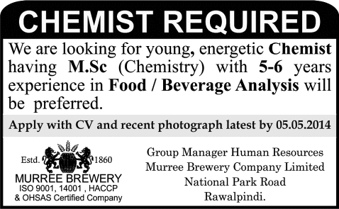 Chemist Jobs in Rawalpindi 2014 April at Murree Brewery