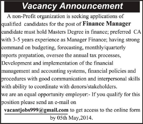 Finance Manager Jobs in Quetta 2014 April for NGO