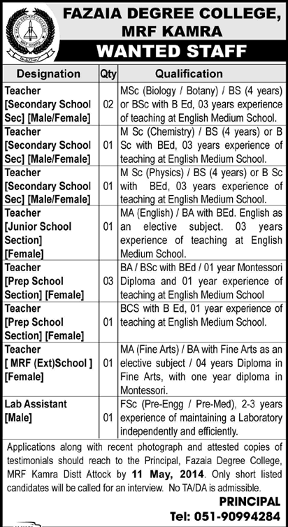 Fazaia Degree College MRF Kamra Jobs 2014 April-May for Teaching Faculty & Lab Assistant
