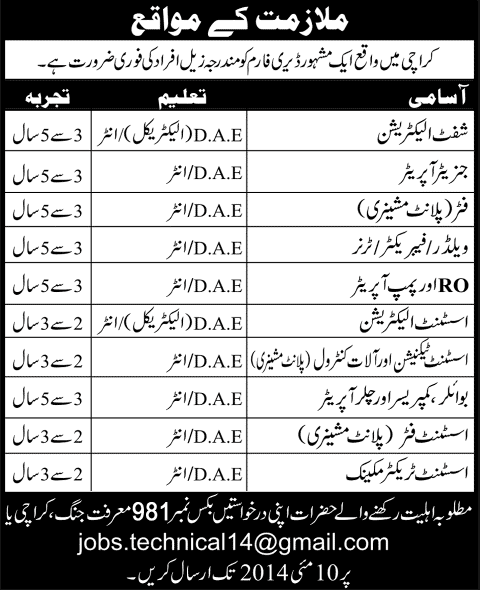 Dairy Farm Jobs in Karachi 2014 April-May for Diploma Holders