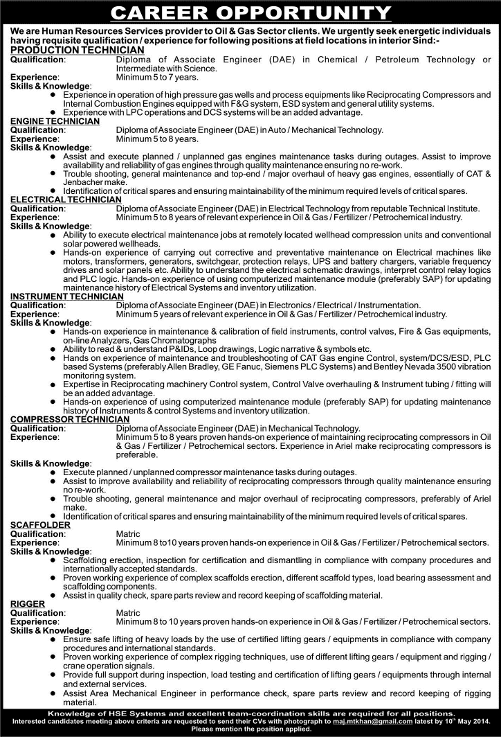 Oil and Gas Jobs in Sindh 2014 April-May Latest