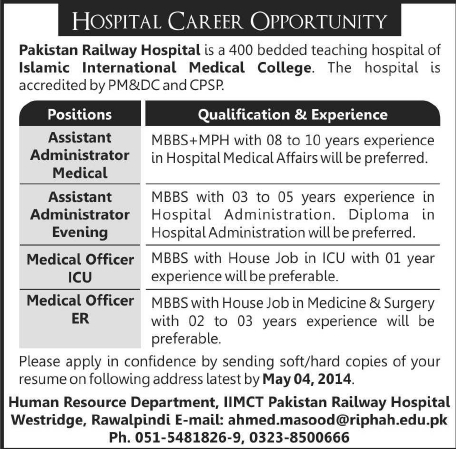 Pakistan Railway Hospital Rawalpindi Jobs 2014 April-May for Administrators & Medical Officers