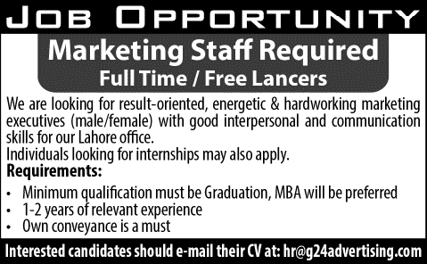 Marketing Jobs in Lahore 2014 April-May for an Advertising Company