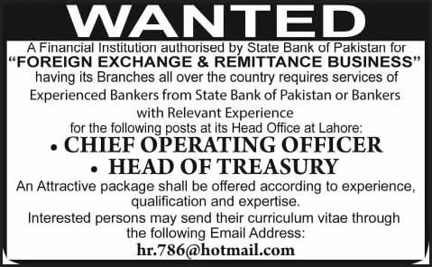 Chief Operating Officer / Head of Treasury Jobs in Lahore 2014 April-May