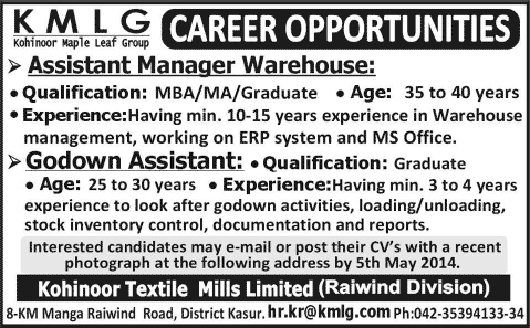 Kohinoor Textile Mills Jobs 2014 April-May for Assistant Manager Warehouse & Godown Assistant