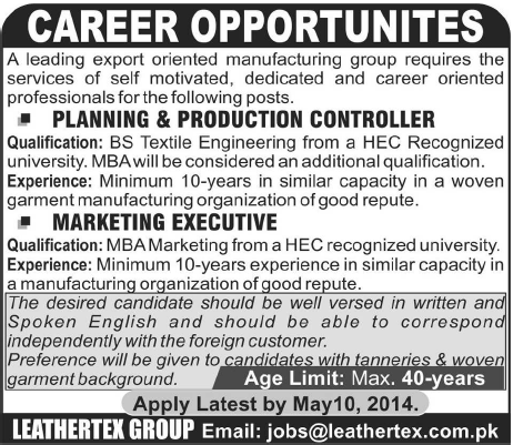 Leathertex Group Lahore Jobs 2014 April-May for Marketing Executive & Textile Engineer