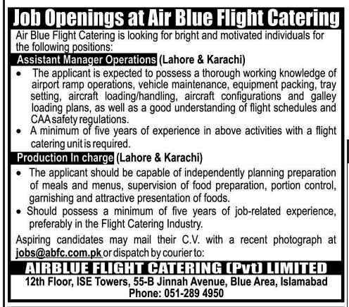 Airblue Flight Catering (Pvt.) Limited Jobs 2014 April-May for Assistant Manager Operations & Production Incharge