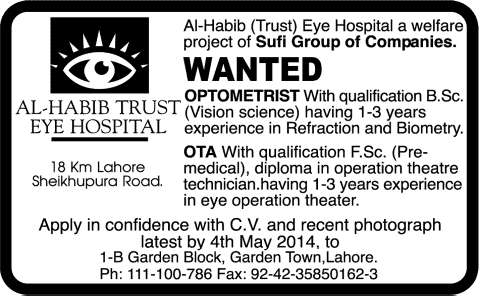 OT Assistant & Optometrist Jobs in Lahore 2014 April-May at Al-Habib Trust Eye Hospital