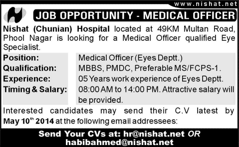 Medical Officer Jobs in Phool Nagar 2014 April-May at Nishat Hospital