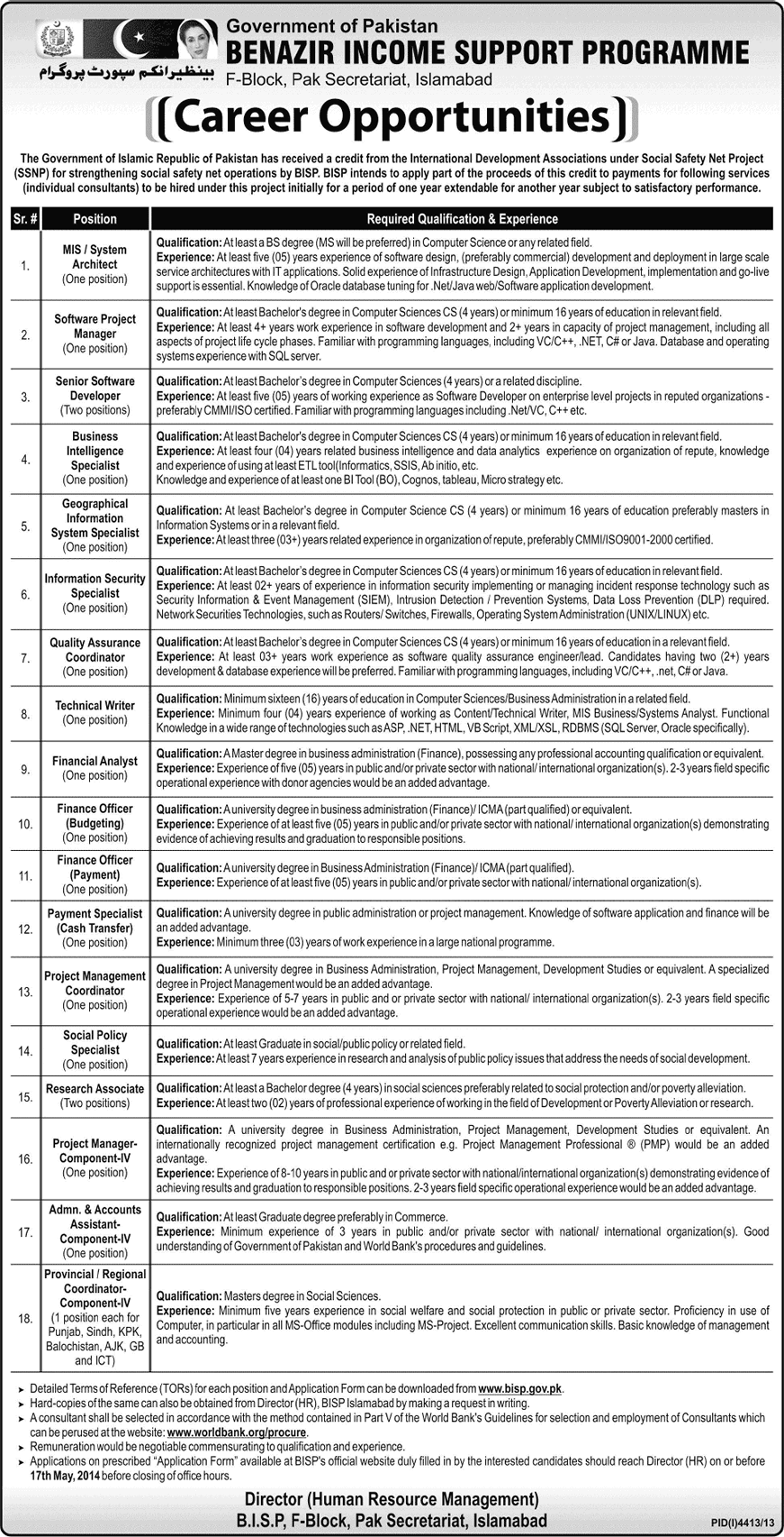 BISP Jobs 2014 April-May Latest Advertisement