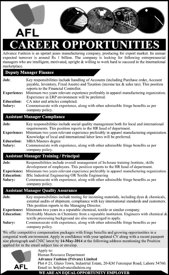 Advance Fashion Lahore Jobs 2014 May for Deputy Manager Finance, Assistant Manager Compliance & Others