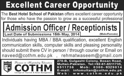 Admission Officer / Receptionists Jobs in Multan 2014 May at COTHM