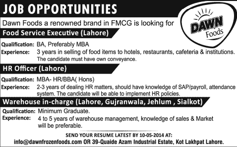 Dawn Foods Jobs 2014 May for HR Officer, Food Service Executive & Warehouse Incharge