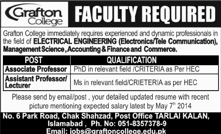 Grafton College Islamabad Jobs 2014 May for Teaching Faculty