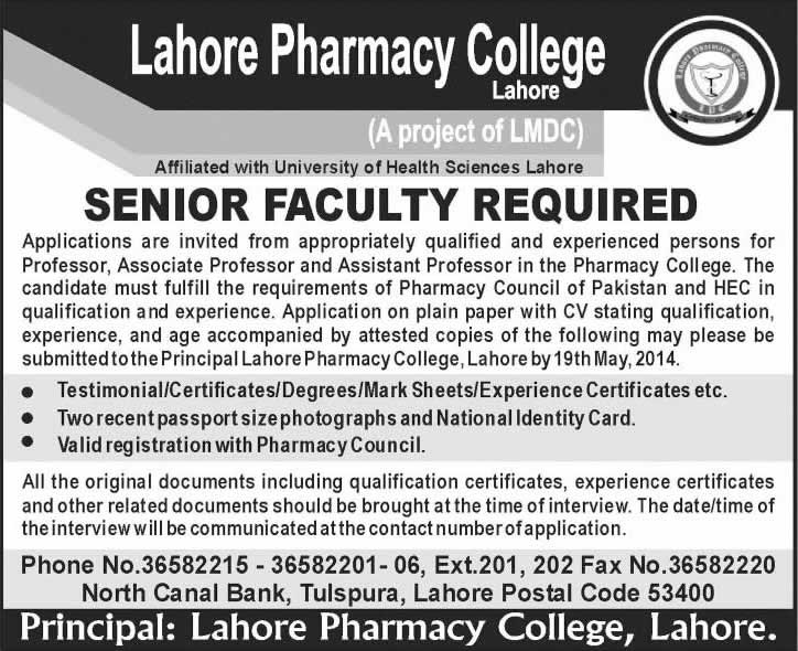 Lahore Pharmacy College Jobs 2014 May for Teaching Faculty