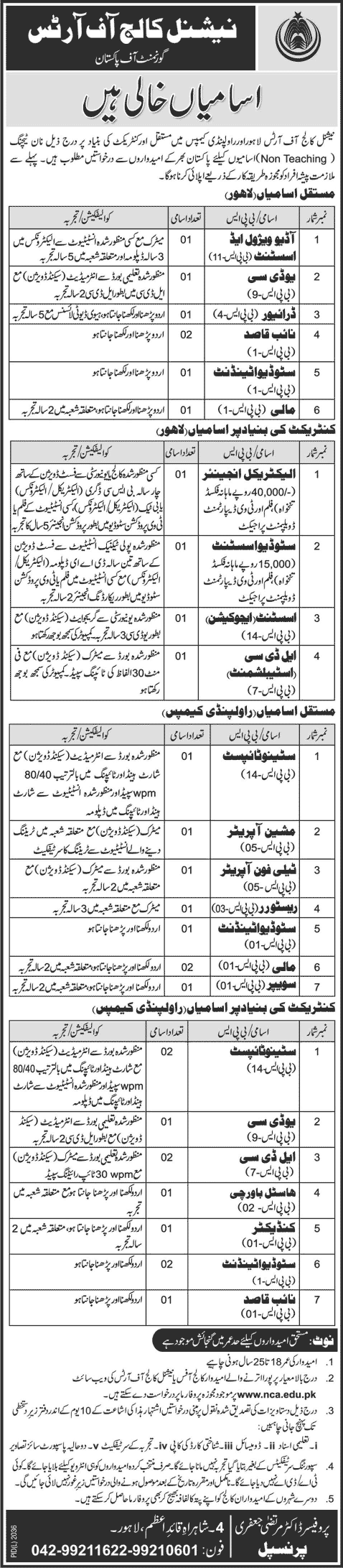 NCA Jobs in Lahore / Rawalpindi 2014 May Latest National College of Arts
