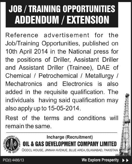 Addendum: OGDCL Jobs 2014 April-May for Drillers & Trainee Drillers