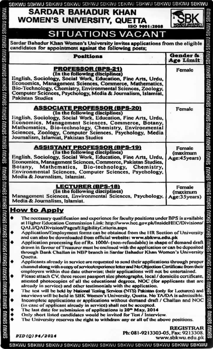 SBKWU Jobs 2014 May for Teaching Faculty - Sardar Bahadur Khan Women's University