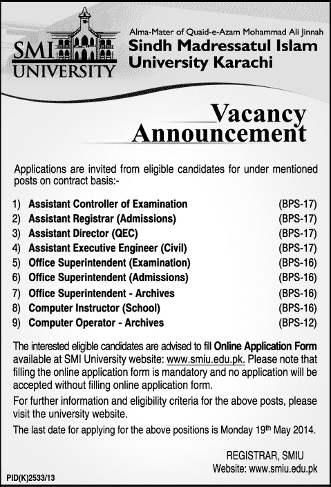 SMIU Jobs 2014 May for Non-Teaching Faculty