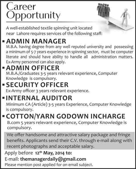 Jobs in Lahore 2014 May for Admin Manager / Officer, Security Officer, Internal Auditor & Godown Incharge
