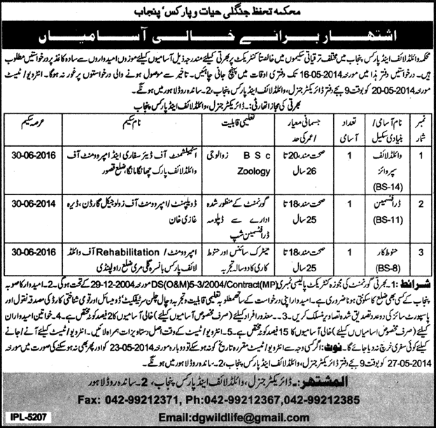 Punjab Wildlife & Parks Department Jobs 2014 May for Wildlife Supervisor, Draftsman & Hanotkar