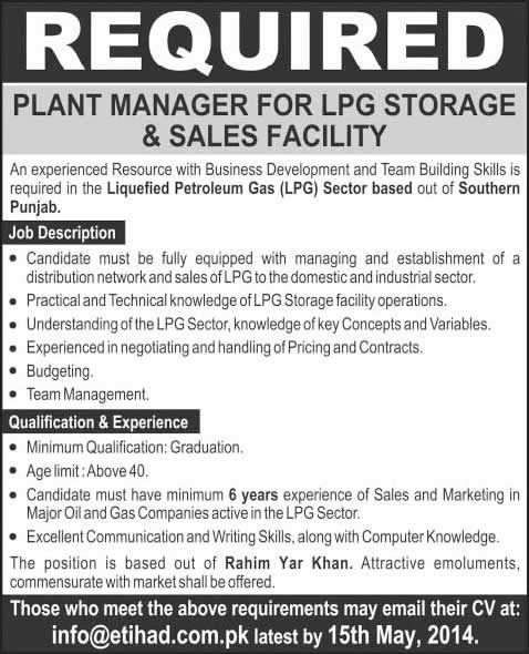 Plant Manager Jobs in Rahim Yar Khan 2014 May for LPG Storage & Sales Facility