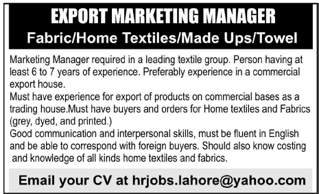 Export Marketing Manager Jobs in Lahore 2014 May