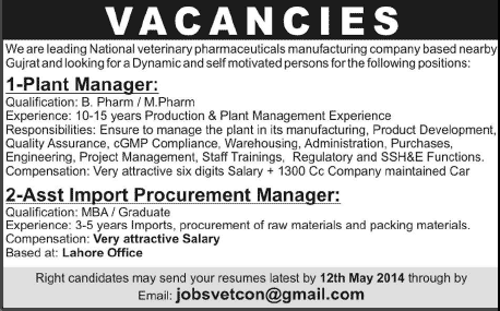 Pharmacist & Import Procurement Manager Jobs in Lahore / Gujrat 2014 May for Pharmaceutical Company