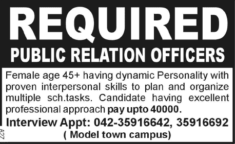 Public Relation Officer Jobs in Lahore 2014 May