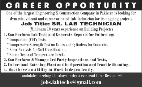 Lab Technician Jobs in Pakistan 2014 May for an Engineering & Construction Company