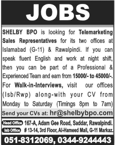 Telemarketing Jobs in Rawalpindi Islamabad 2014 May at SHELBY BPO