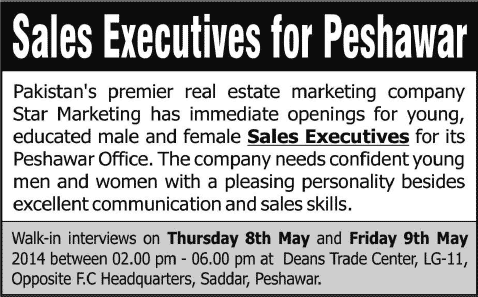 Female Sales Executives Jobs in Peshawar 2014 May at Star Marketing