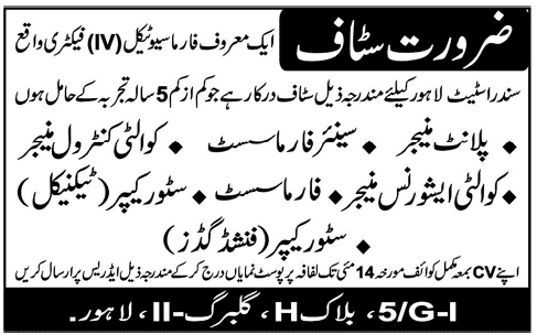 Plant Manager, Pharmacist & Store Keeper Jobs in Lahore 2014 May for Pharmaceutical Factory