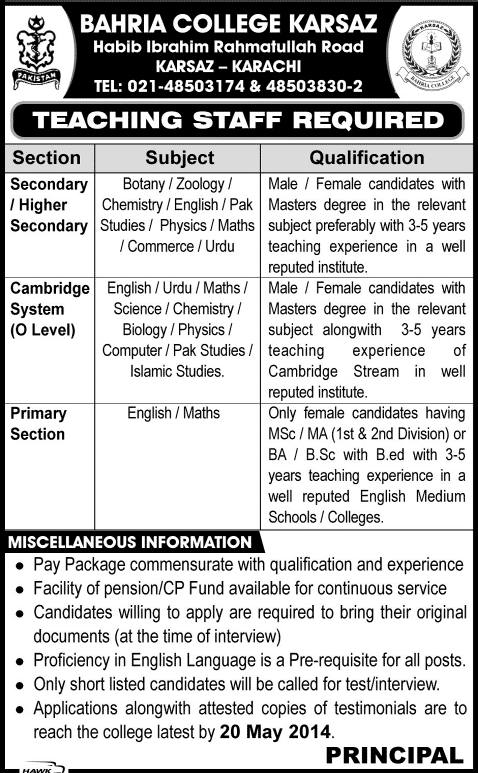 Bahria College Karsaz Karachi Jobs 2014 May for Teaching Faculty