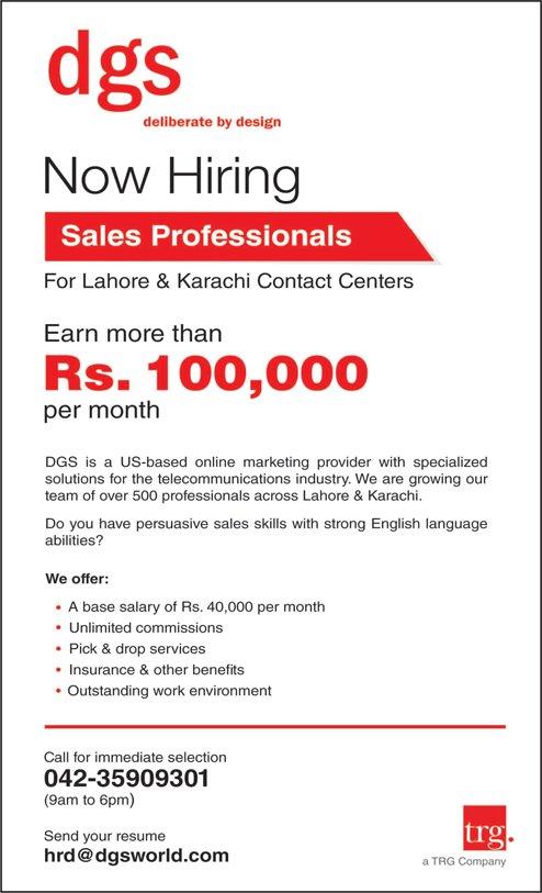 DGS Lahore / Karachi Jobs 2014 May TRG Call Center