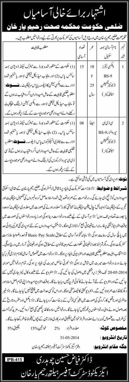 Vaccinators & CDC Supervisors Jobs in Health Department Rahim Yar Khan 2014 May