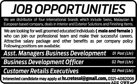 Retails Executive & Business Development Manager / Officer Jobs in Lahore 2014 May