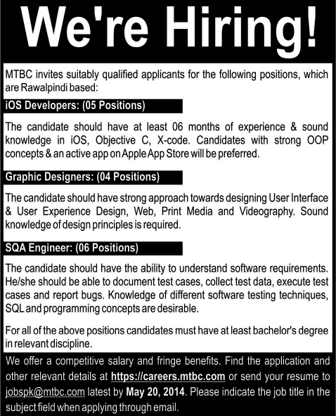 MTBC Jobs 2014 in Rawalpindi iOS Developers, Graphic Designers & SQA Engineers