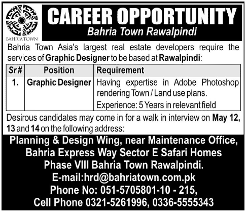 Bahria Town Rawalpindi Jobs 2014 May for Graphic Designer