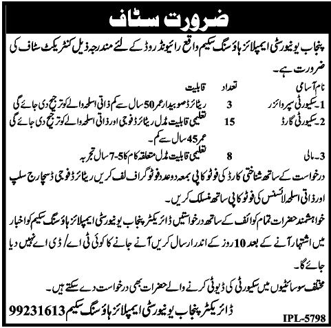 Mali, Security Supervisor & Security Guard Jobs in Lahore 2014 May at Punjab University Employees Housing Scheme