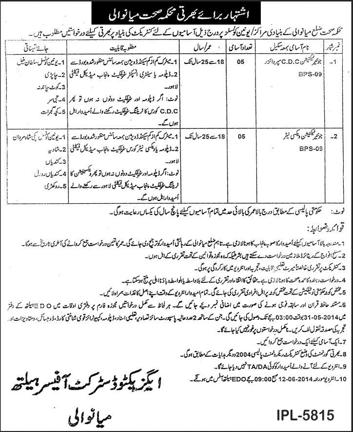 Health Department Mianwali Jobs 2014 May for Junior Technicians - CDC Supervisors / Vaccinator